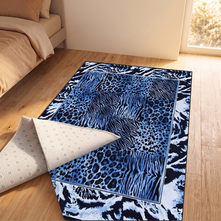 Leopard Print Rug – Washable in Blue – corner folded back to show the dotted underside