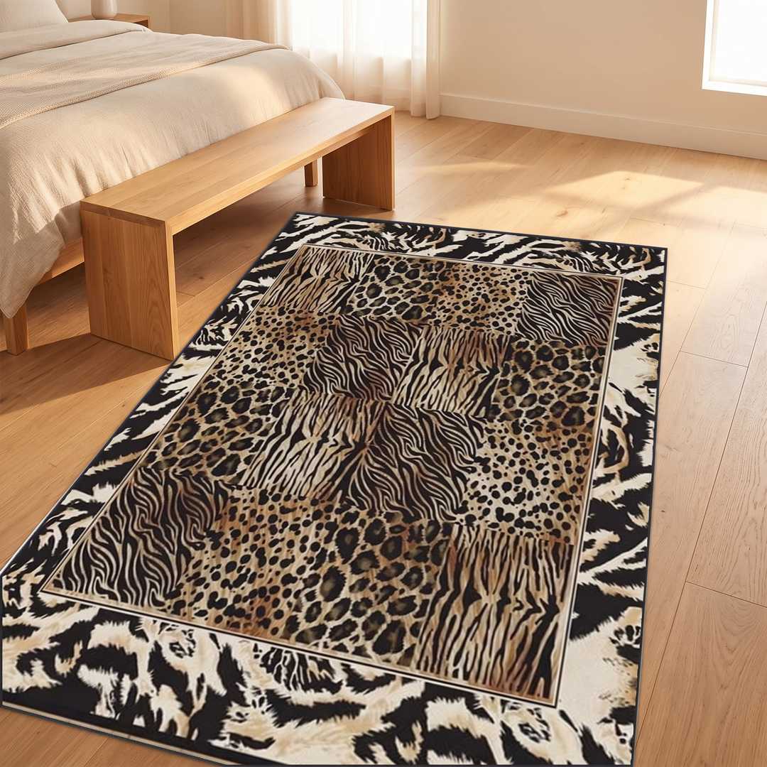 Leopard Print Rug – Washable in Brown – angled view of patchwork center and striped border
