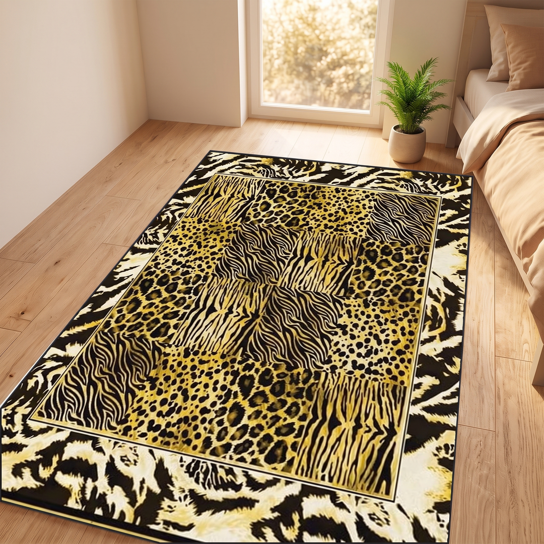 Leopard Print Rug – Washable in Gold – near a bright window with a small potted palm