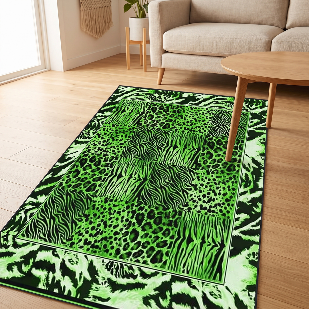 Leopard Print Rug – Washable in Kelly Green – on a wood floor in front of a beige sofa and round coffee table