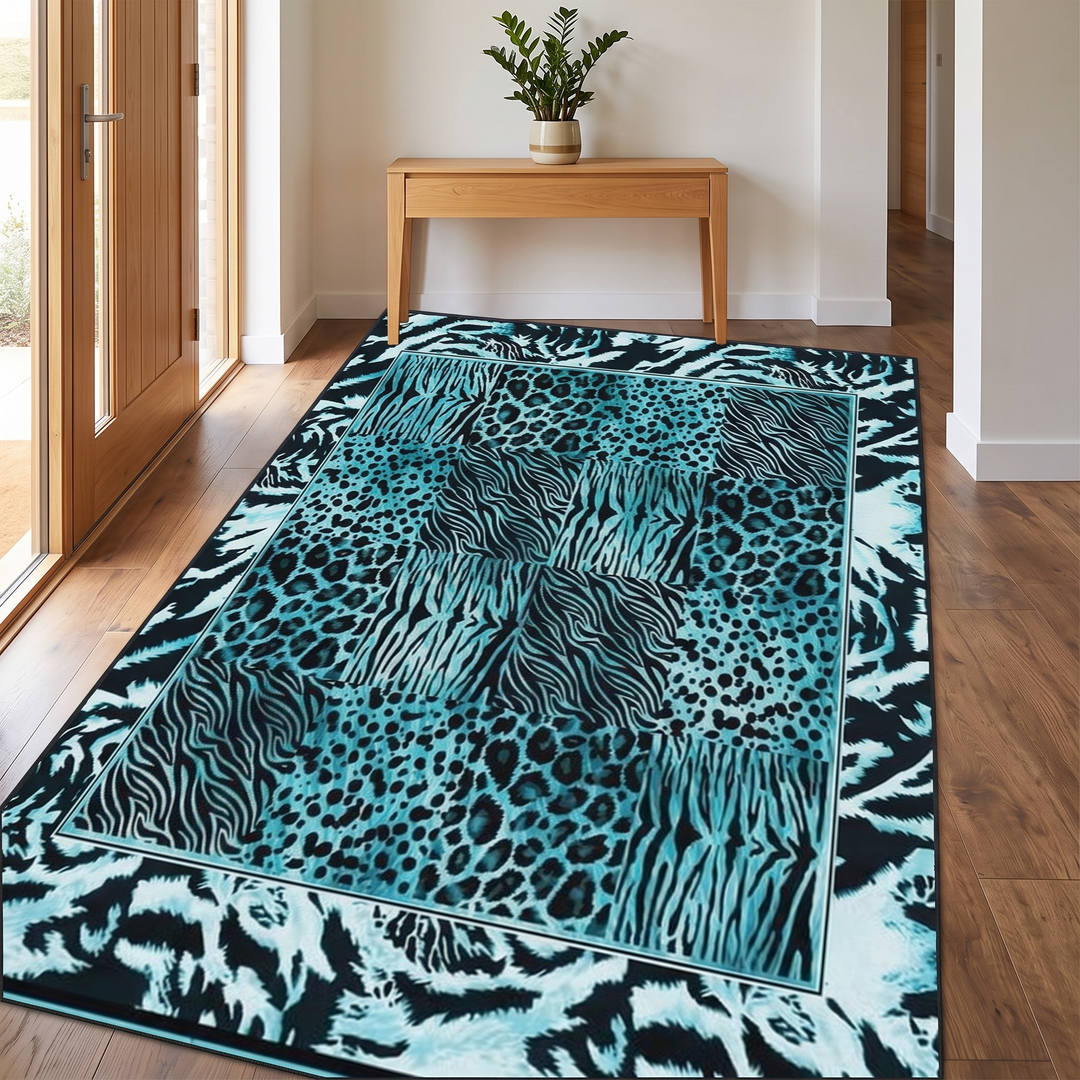 Leopard Print Rug – Washable in Teal – on a hardwood entryway floor beside a wooden console table and plant