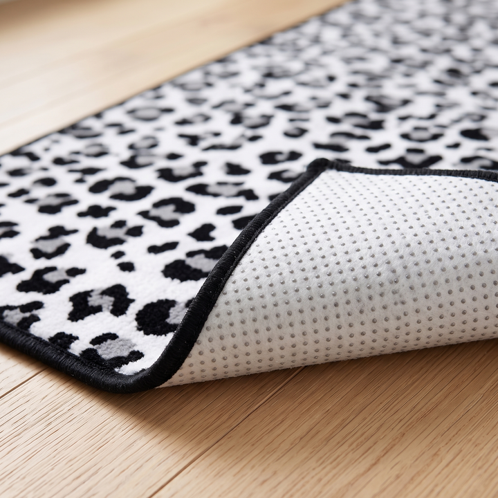 Leopard Print Runner Rug – Washable in White – close-up of the corner folded back showing the non-slip dotted backing