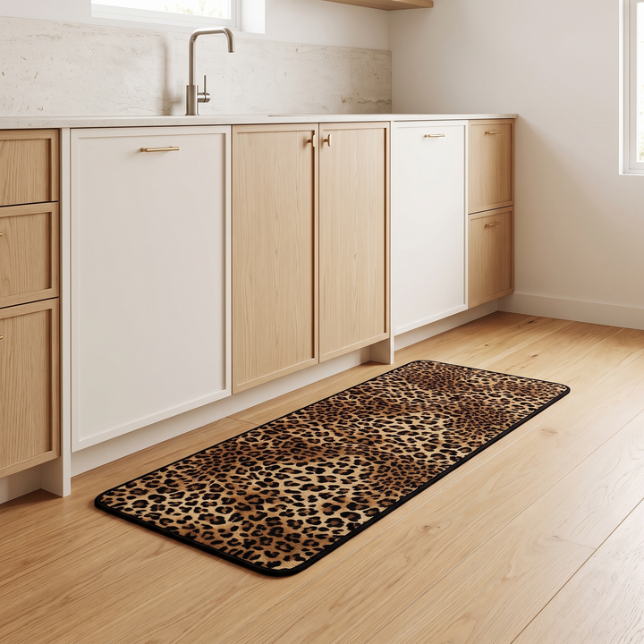 Leopard Print Runner Rug – Washable in Brown – on a wood floor in front of oak and white kitchen cabinets