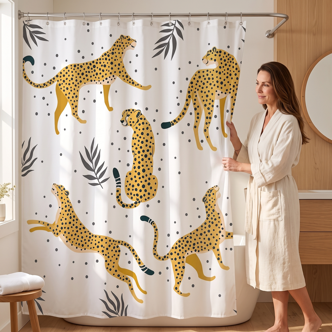 Boho Leopard Print Shower Curtain in White – Cheetah – woman in cream robe holding curtain edge open