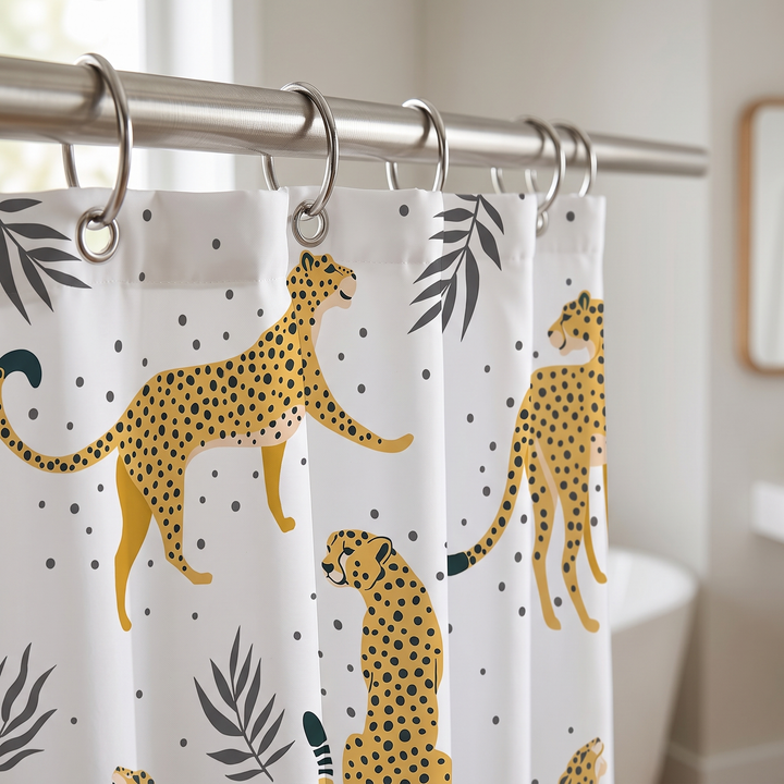 Boho Leopard Print Shower Curtain in White – Cheetah – close-up of rings and top edge on a metal rod