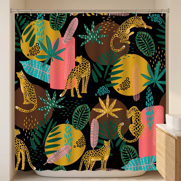 Boho Leopard Print Shower Curtain in Black – Abstract Leopard – closed over tub with white vessel sink at right edge