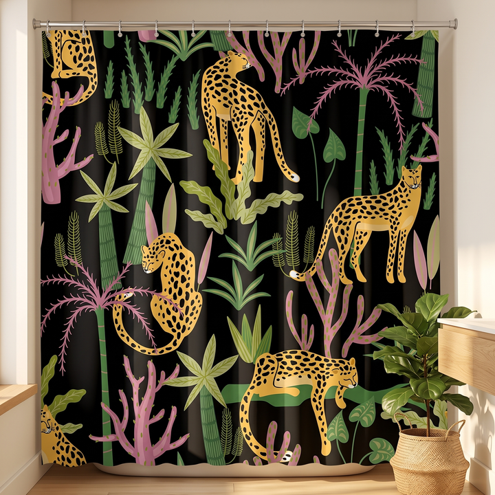 Boho Leopard Print Shower Curtain in Black – Jungle Leopard – between sunlit window ledge and leafy plant in woven basket