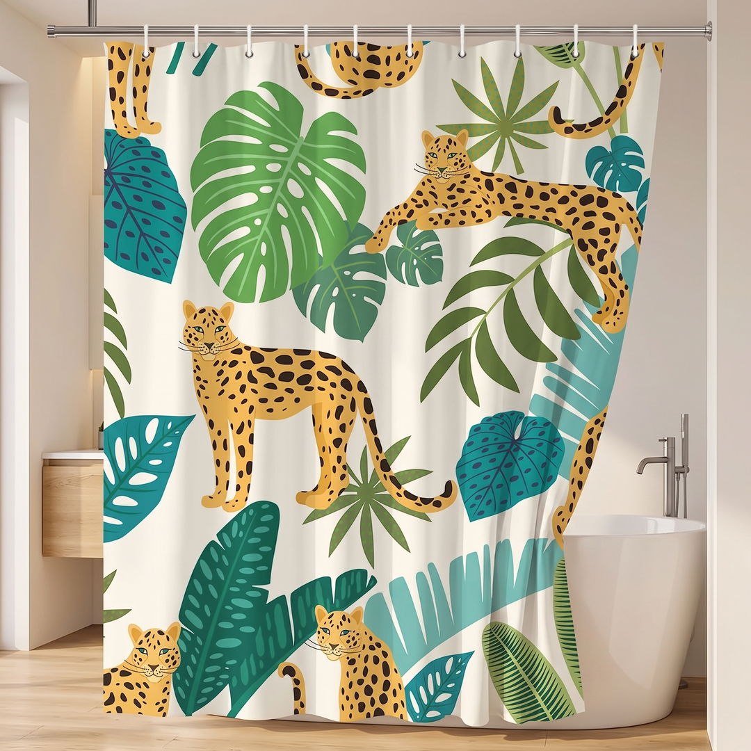 Boho Leopard Print Shower Curtain in Cream – Monstera Leopard – drawn open to one side, freestanding tub and wood vanity behind