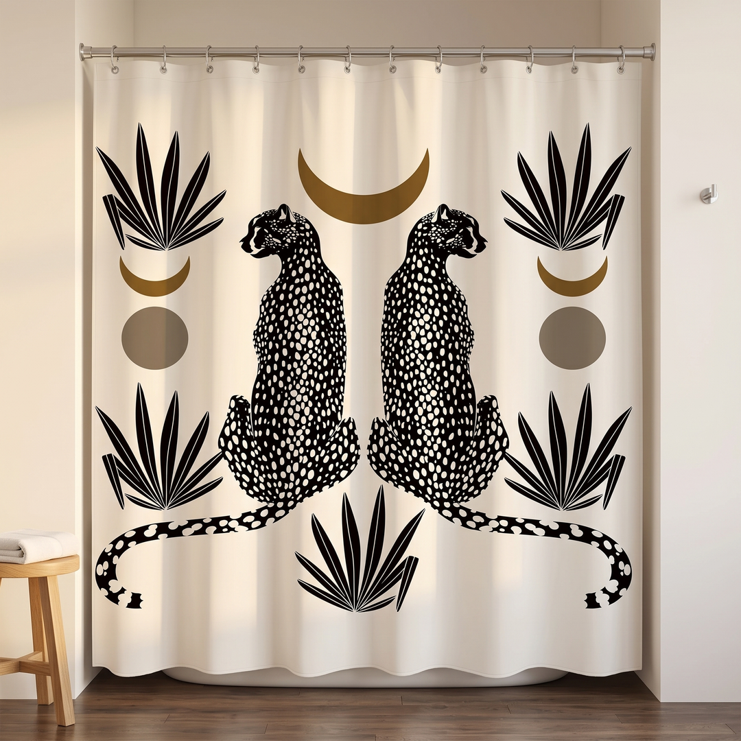 Boho Leopard Print Shower Curtain in Cream – Moon Cheetah – full-length front view beside wooden stool with folded towel