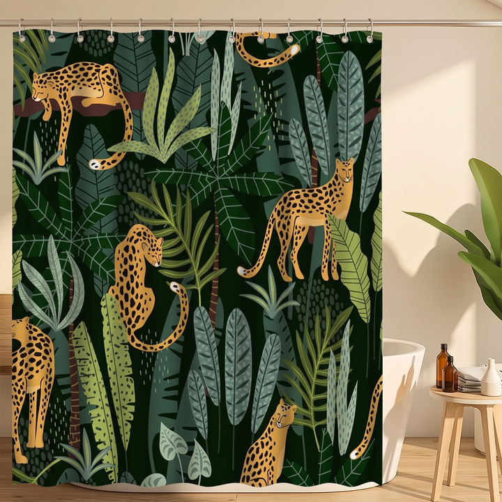Boho Leopard Print Shower Curtain in Dark Green – Jungle Leopard – closed beside amber bottles on a round side table