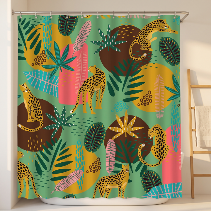 Boho Leopard Print Shower Curtain in Green – Abstract Leopard – in warm sunlight beside a wooden ladder towel rack