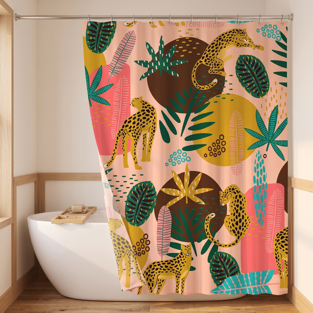Boho Leopard Print Shower Curtain in Peach – Abstract Leopard – left edge pulled diagonally aside, exposing tub and wooden bath tray