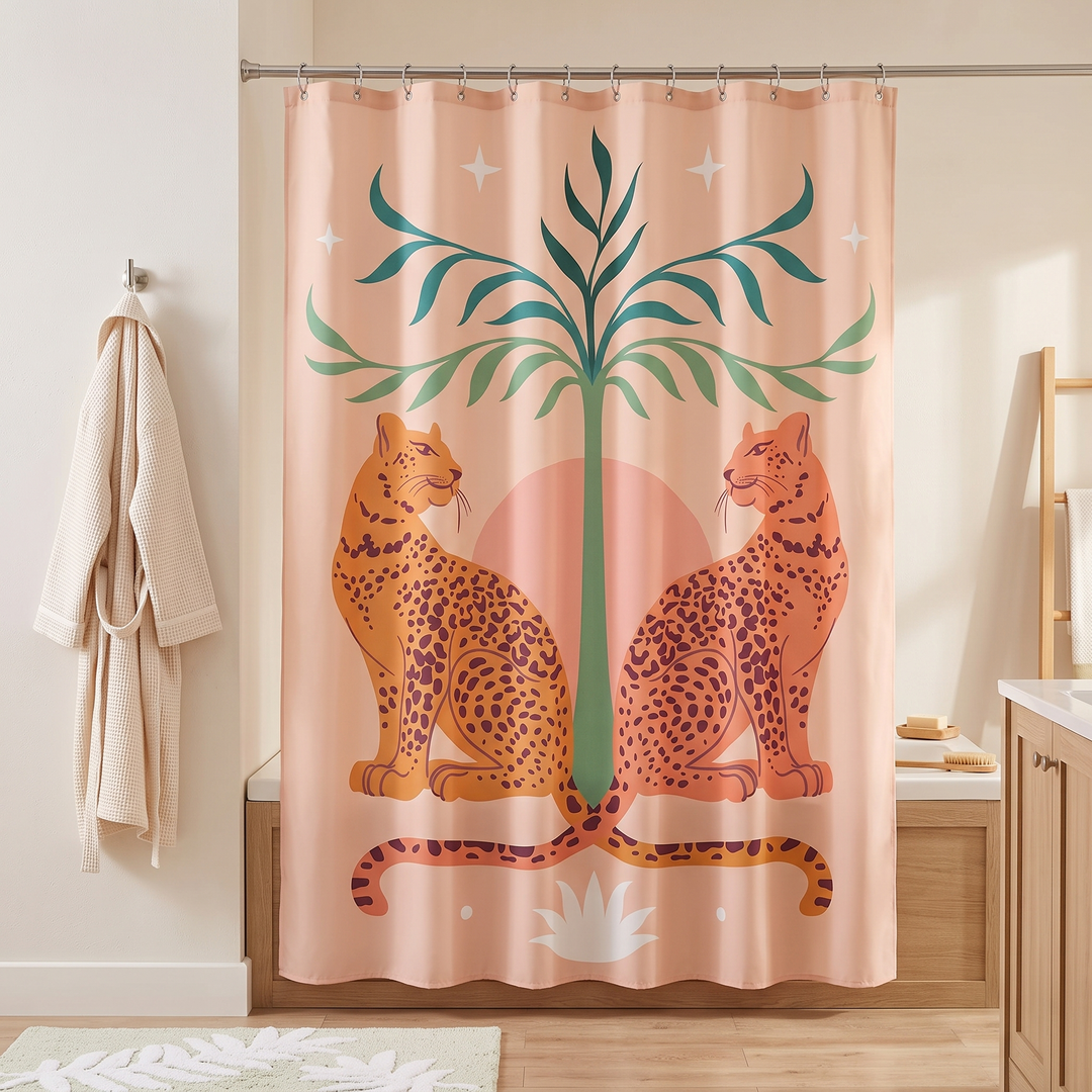 Boho Leopard Print Shower Curtain in Peach – Twin Leopards – closed beside a waffle-weave robe hanging on a wall hook
