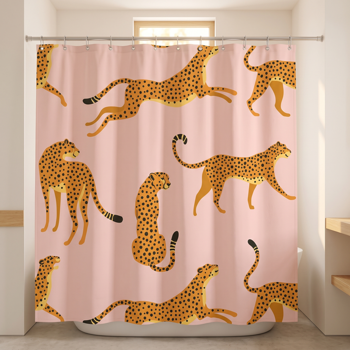Boho Leopard Print Shower Curtain in Pink – Running Cheetah – closed under a small high window, wood ledges either side
