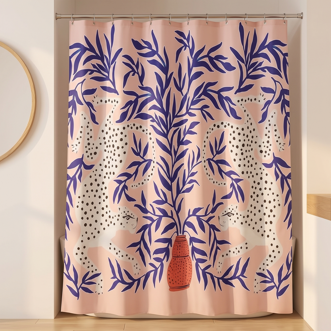 Boho Leopard Print Shower Curtain in Pink – Vase Leopards – symmetrical straight-on view with hem just above light wood floor