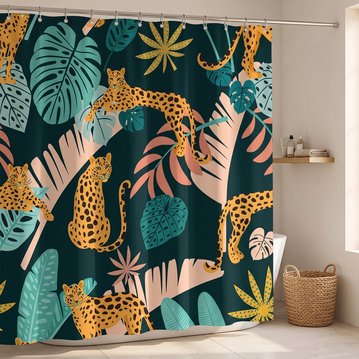 Boho Leopard Print Shower Curtain in Teal – Monstera Leopard – angled view beside a wall shelf holding toiletries and folded towels