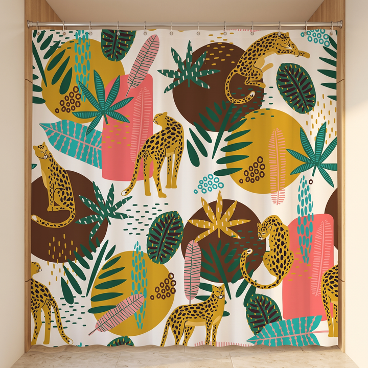 Boho Leopard Print Shower Curtain in White – Abstract Leopard – hanging closed in a wood-paneled alcove, straight-on view