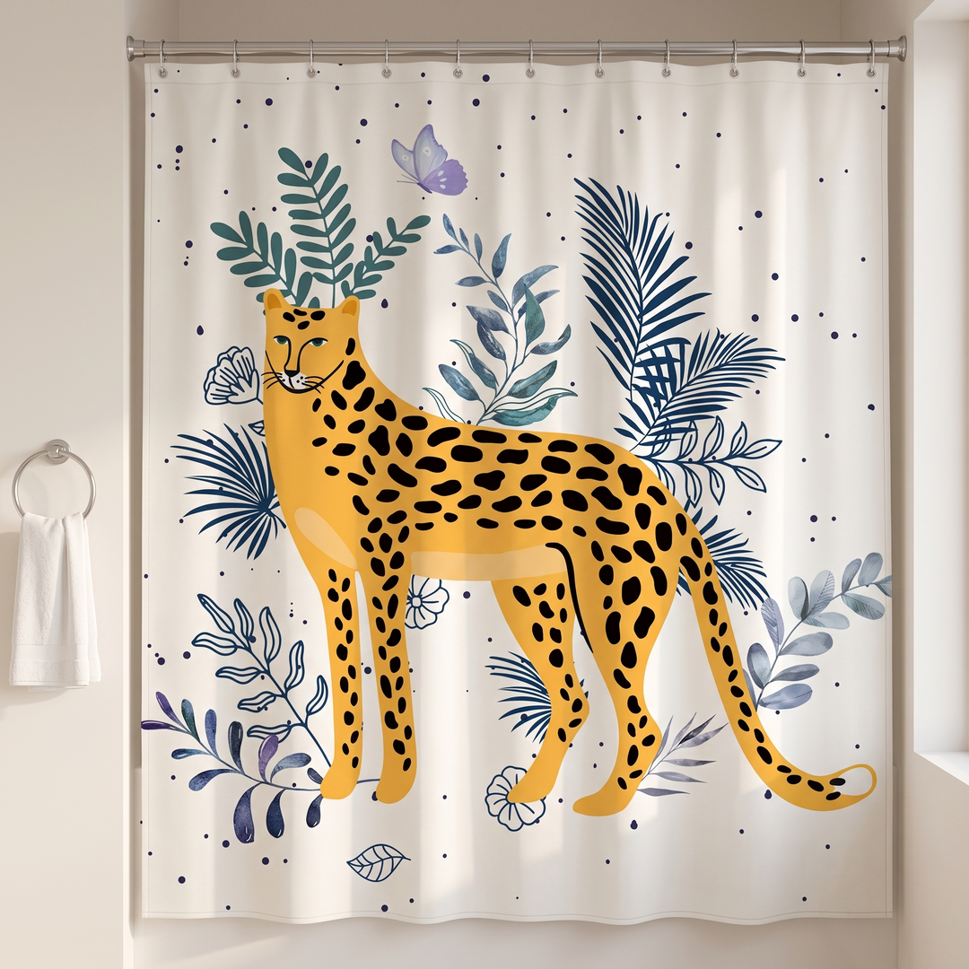 Boho Leopard Print Shower Curtain in White – Botanical Leopard – hanging closed between a wall towel ring and a window