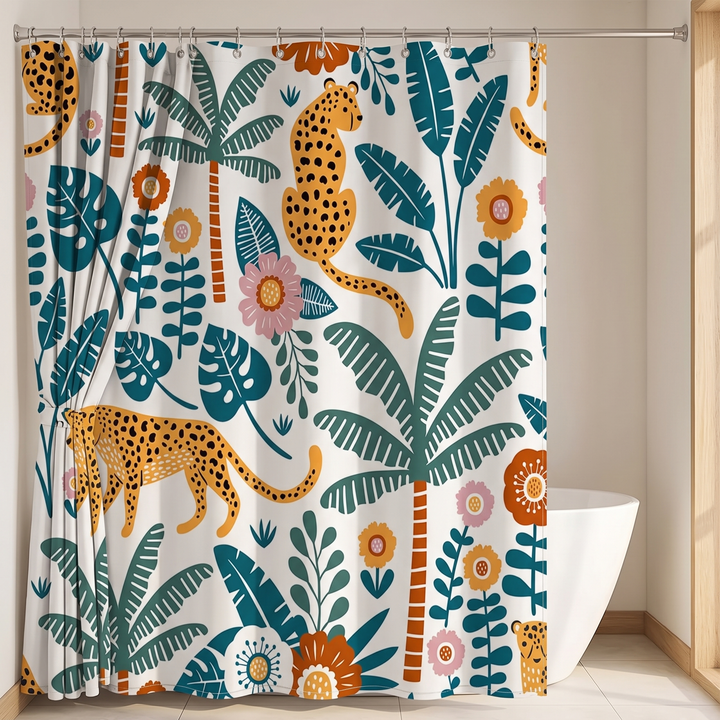 Boho Leopard Print Shower Curtain in White – Jungle Leopard – pattern layout showing leopards, palms and blooms across full panel