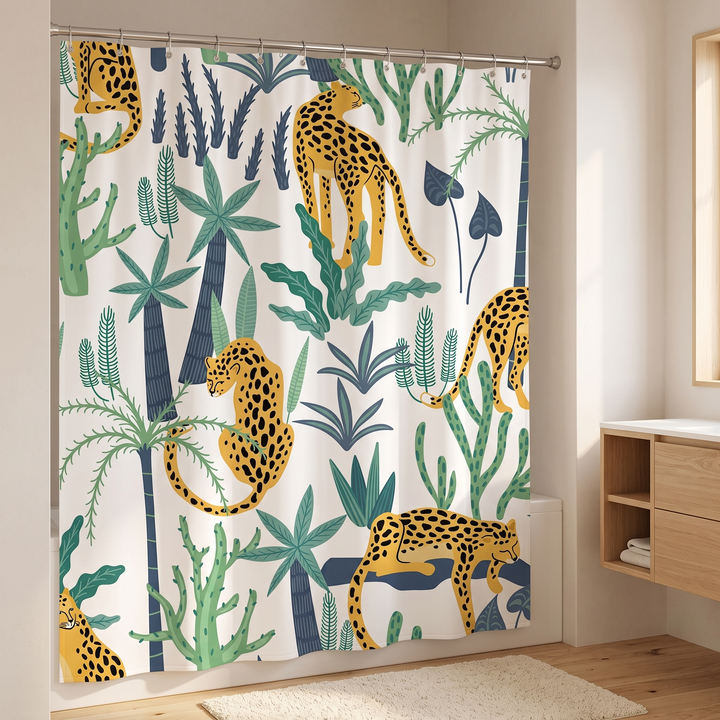 Boho Leopard Print Shower Curtain in White – Palm Leopard – angled view beside floating wood vanity and cream rug