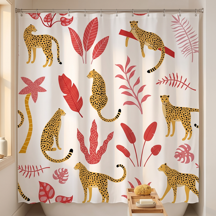 Boho Leopard Print Shower Curtain in White – Tropical Cheetah – closed behind a wooden bath caddy with sponge and soap