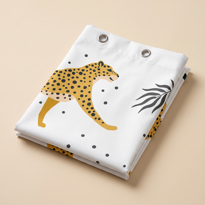 Boho Leopard Print Shower Curtain in White – Cheetah – folded neatly on a plain beige background, grommets visible