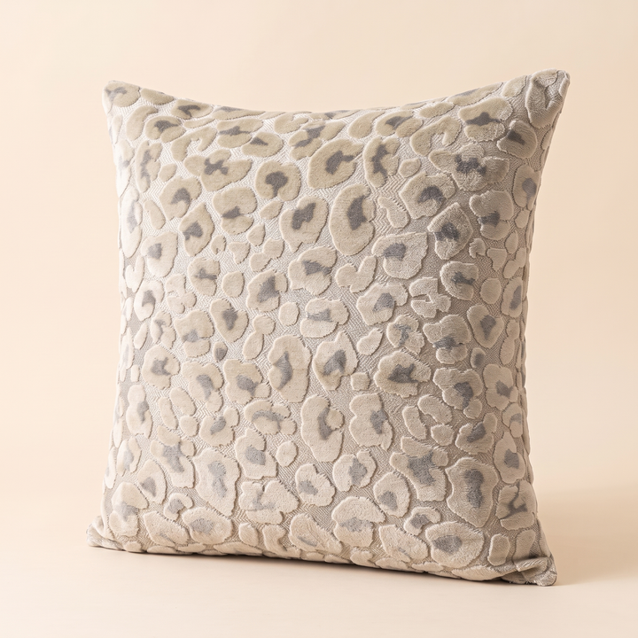 Leopard Print Velvet Pillow Cover in Gray &amp; Beige – three-quarter angle view showing the raised spot pattern