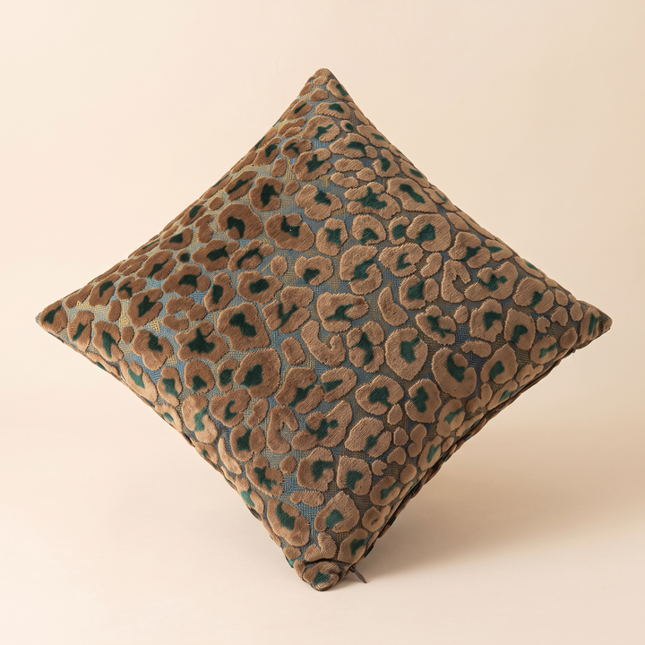 Leopard Print Velvet Pillow Cover in Green &amp; Camel – balanced on one corner in a diamond position
