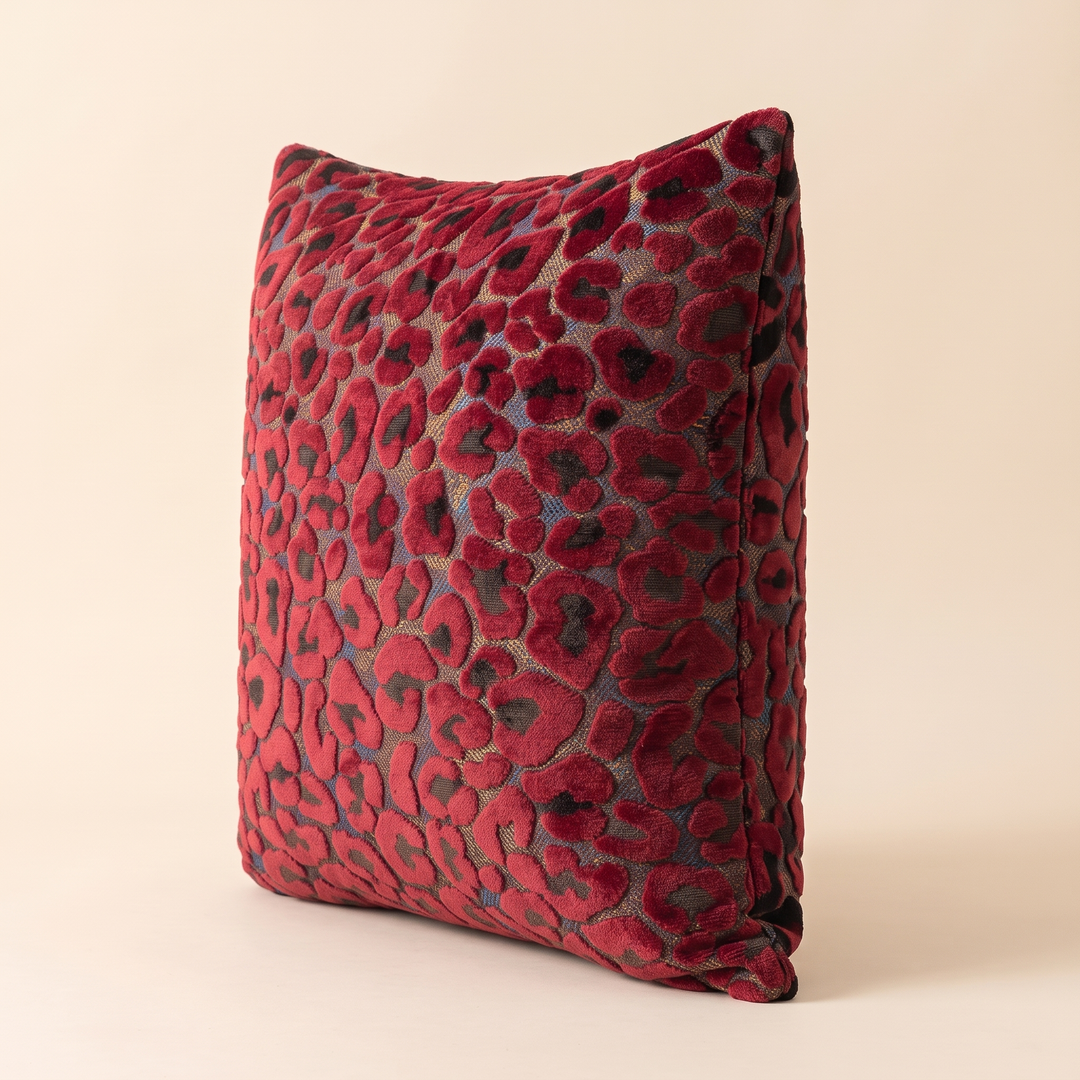 Leopard Print Velvet Pillow Cover in Red – side profile showing the edge seam and pillow thickness