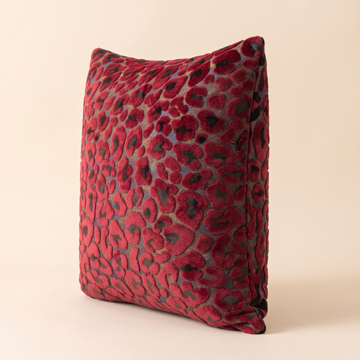 Leopard Print Velvet Pillow Cover in Red – side profile showing the edge seam and pillow thickness
