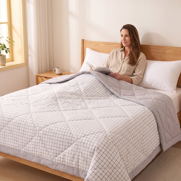 Lightweight Summer Comforter in White Grid
