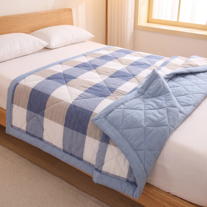 Lightweight Quilted Coverlet in Blue Buffalo Check – corner flipped over to show the quilted reverse side