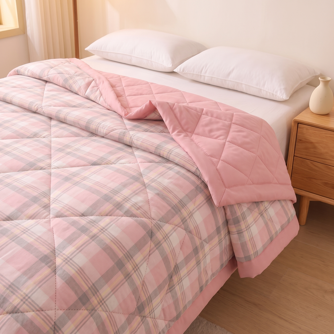 Lightweight Quilted Coverlet in Pink Plaid – angled view beside a wooden nightstand with a small vase