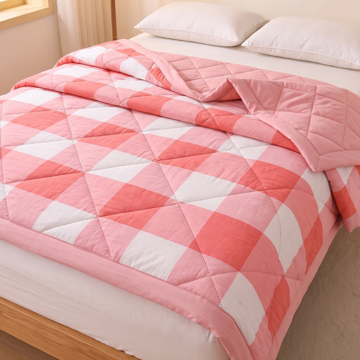 Lightweight Summer Comforter in Coral Buffalo Check
