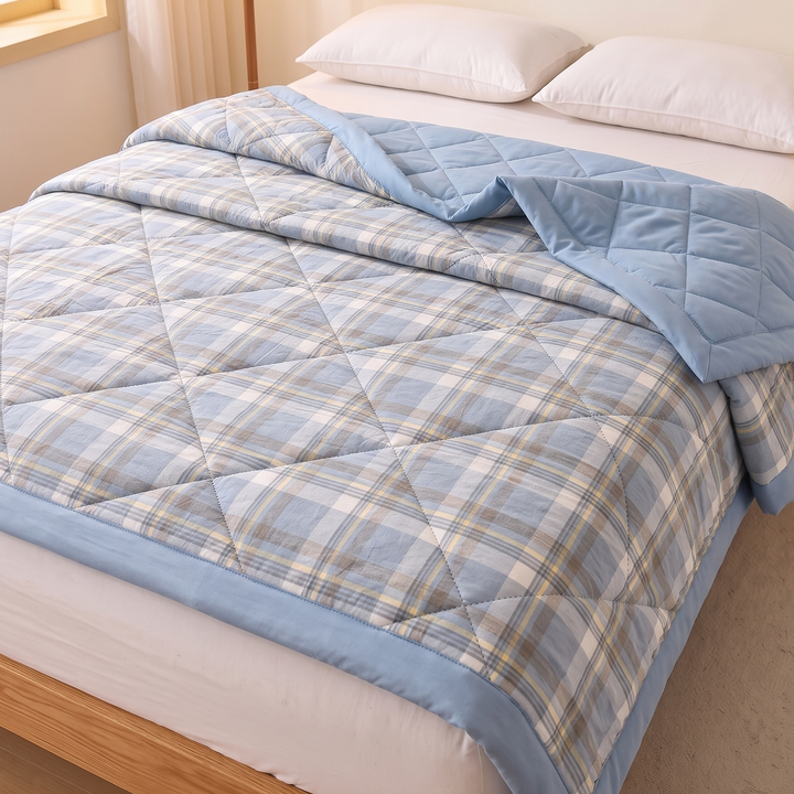 Lightweight Summer Comforter in Dusty Blue Plaid