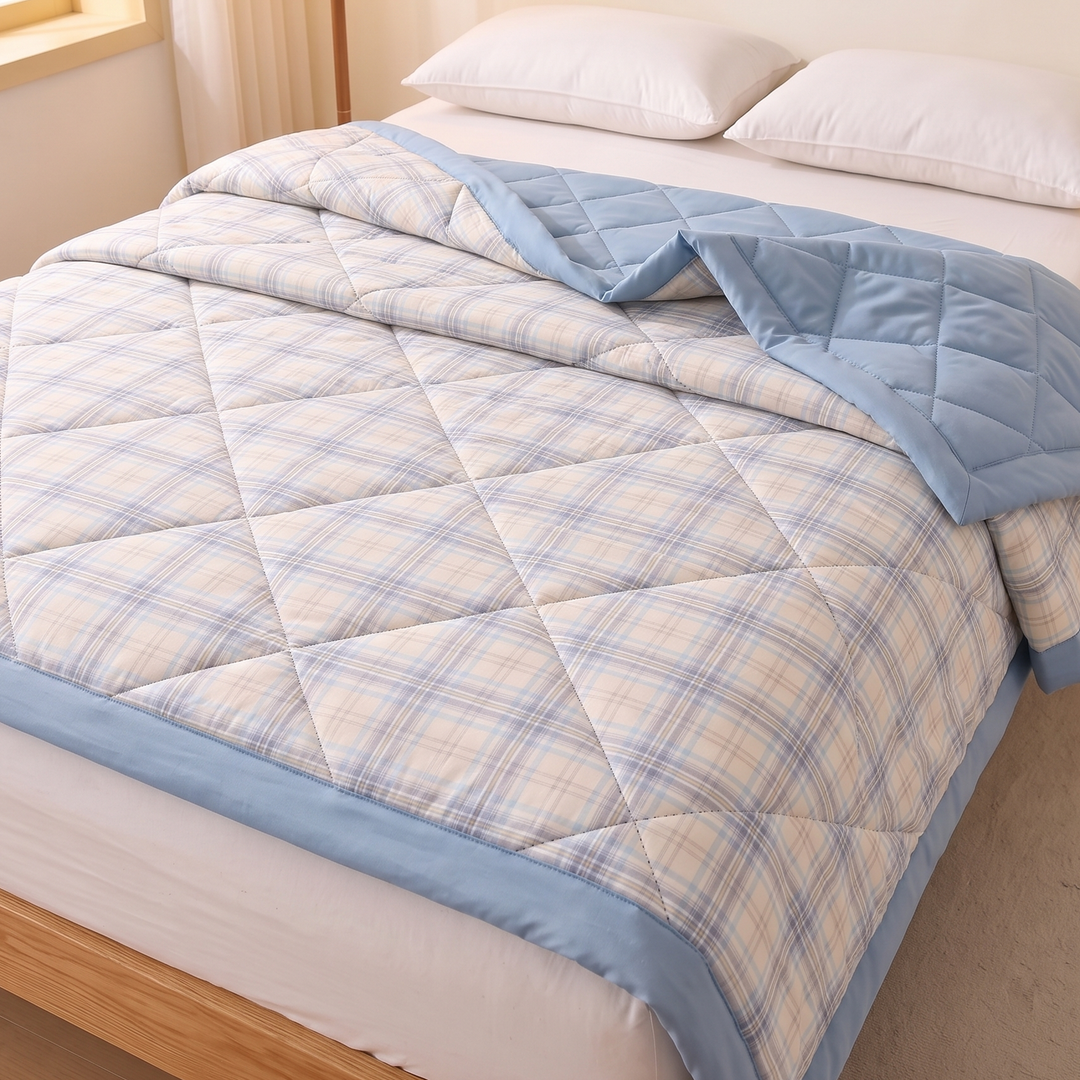 Lightweight Summer Comforter in Light Blue Plaid