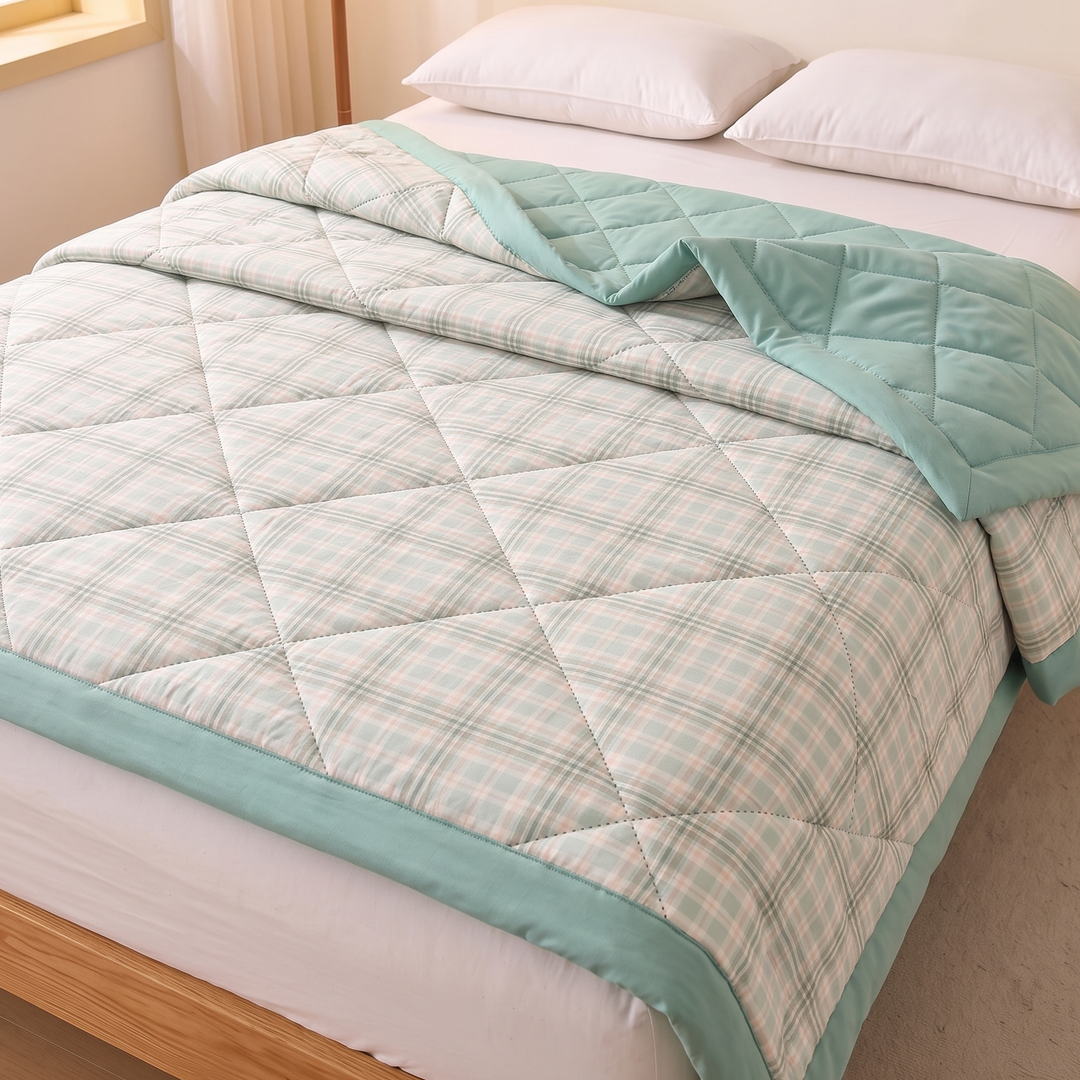 Lightweight Summer Comforter in Mint Plaid