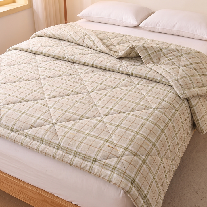 Lightweight Summer Comforter in Olive Plaid
