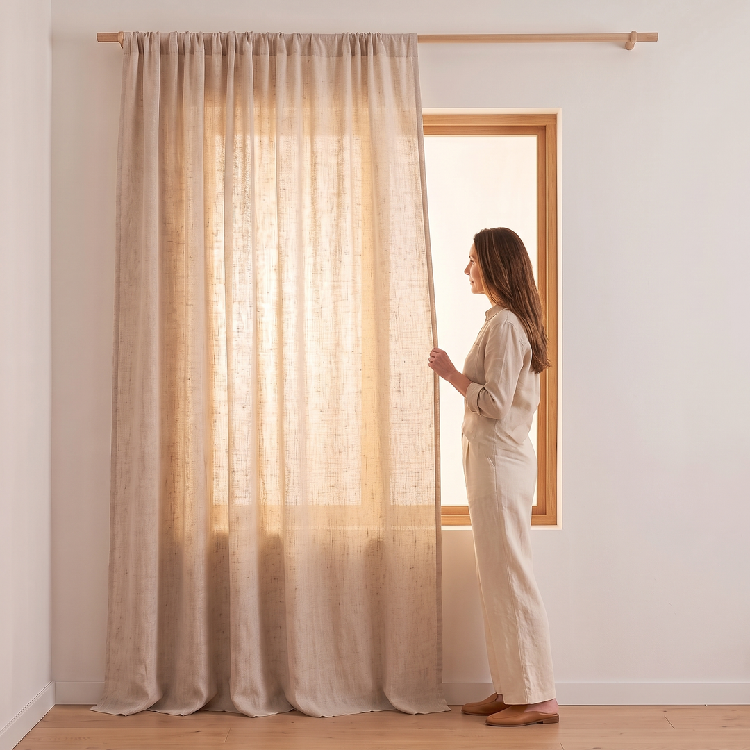 Linen Curtain Panel – Light Filtering, Rod Pocket in Oatmeal – hanging beside a window as a woman holds its edge