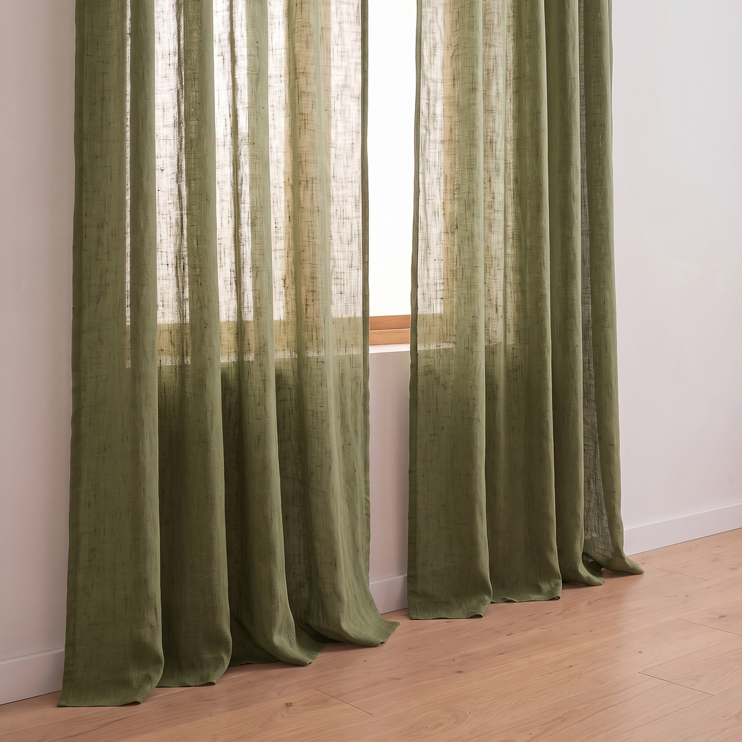 Linen Curtain Panel – Light Filtering, Rod Pocket in Olive Green – cropped view of lower folds against white wall and windowsill