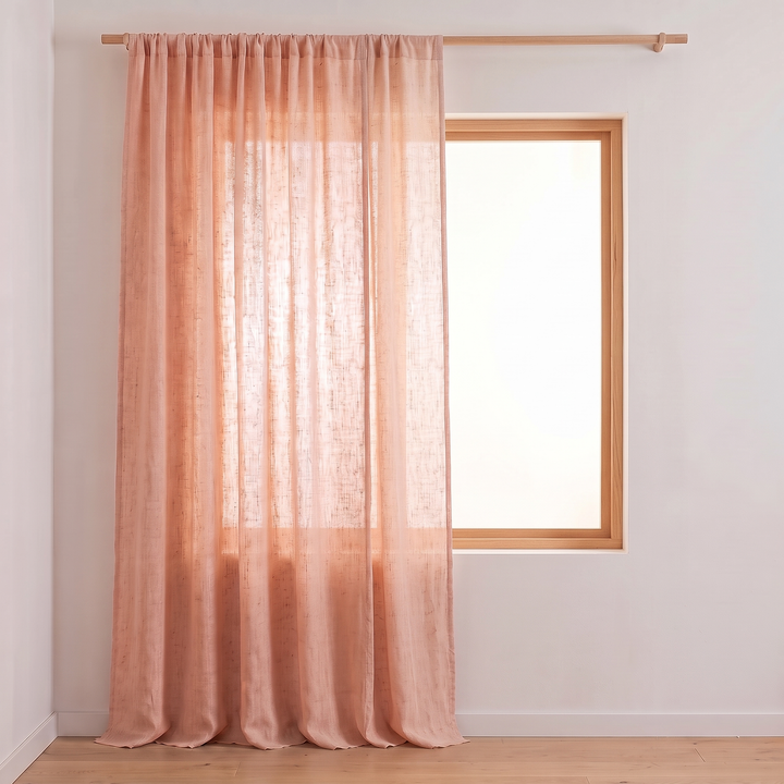 Linen Curtain Panel – Light Filtering, Rod Pocket in Peach – one panel hanging off to the side of a small square window