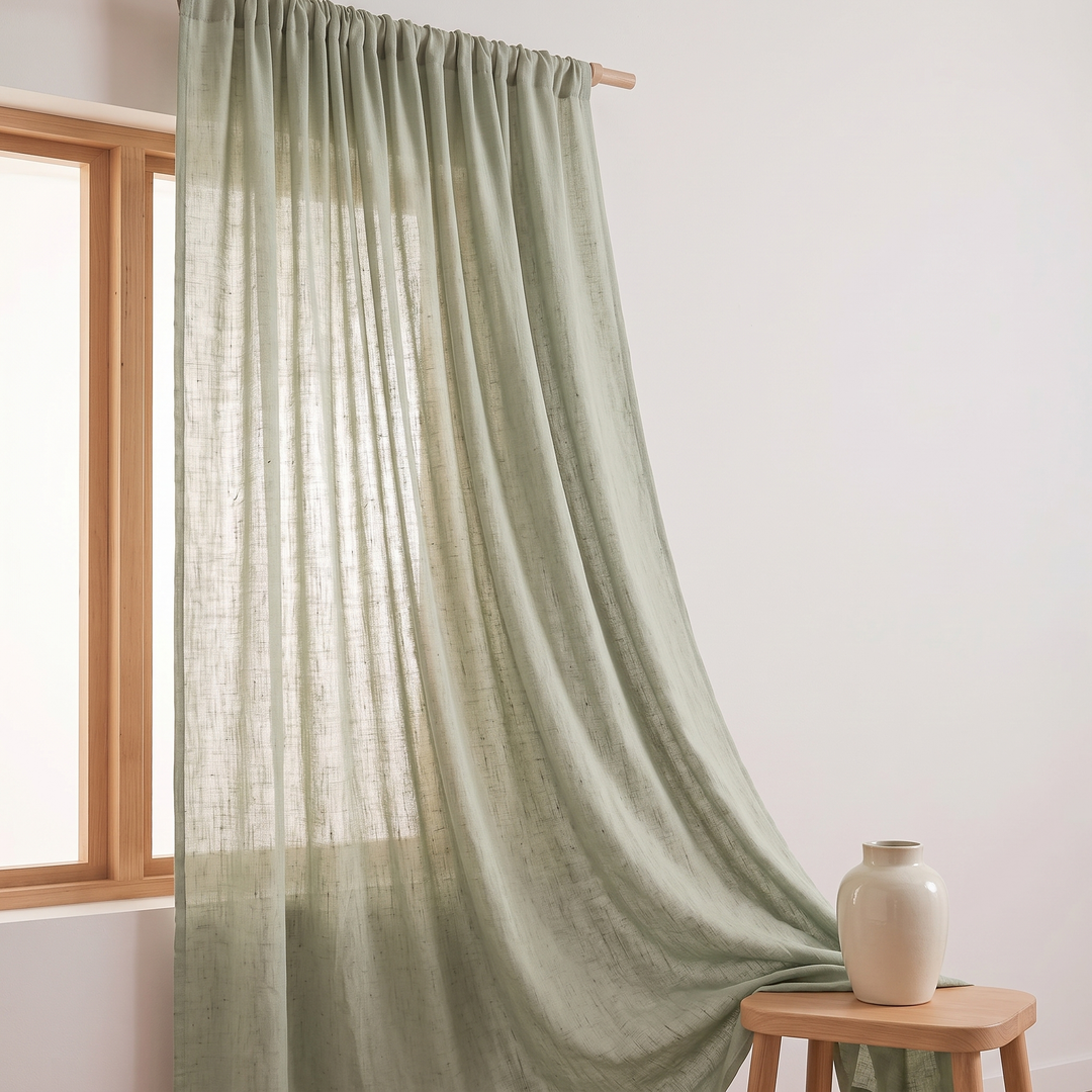 Linen Curtain Panel – Light Filtering, Rod Pocket in Sage – single panel trailing onto a wooden stool beside a ceramic vase