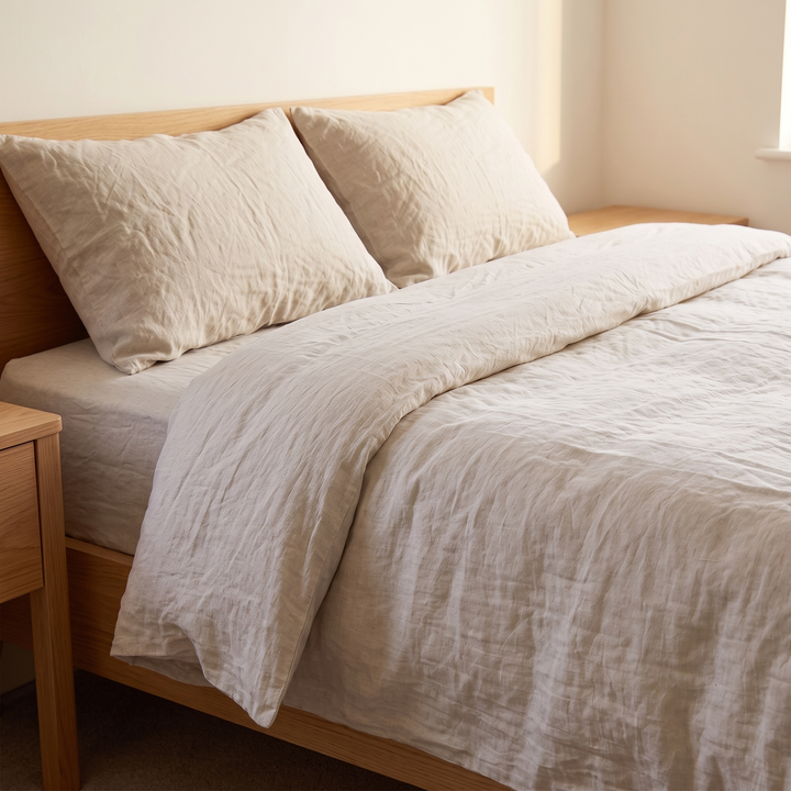 Linen Duvet Cover Set in Oatmeal – angled bed view with oak headboard in window light