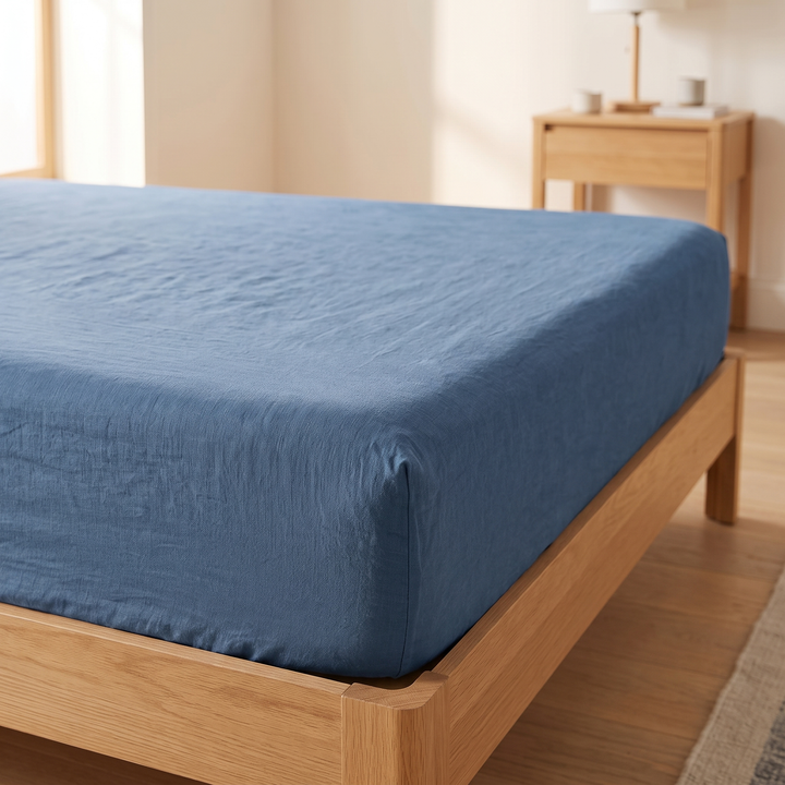 Linen Fitted Sheet – Deep Pocket in Blue – rumpled mattress top with lamp and rug in background