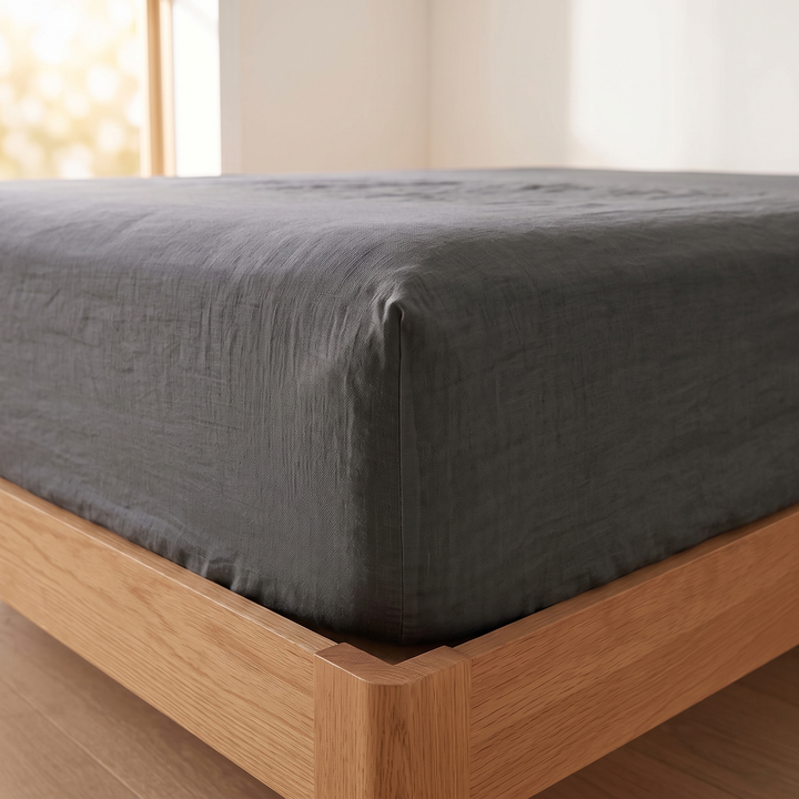Linen Fitted Sheet – Deep Pocket in Charcoal – side panel over mattress above rounded oak bed frame corner