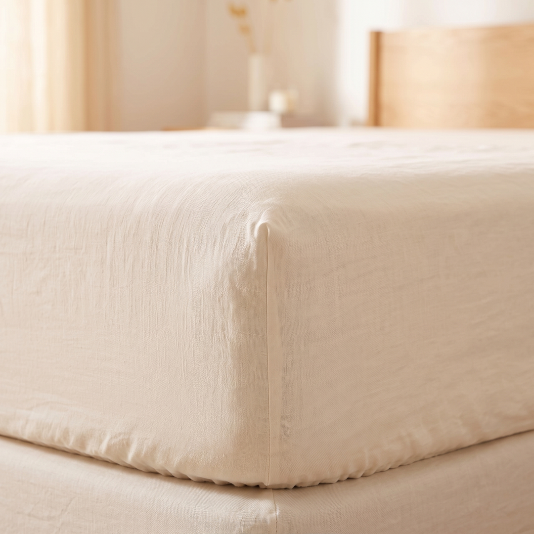 Linen Fitted Sheet – Deep Pocket in Cream – close-up of stitched corner seam with blurred sunlit bedroom behind