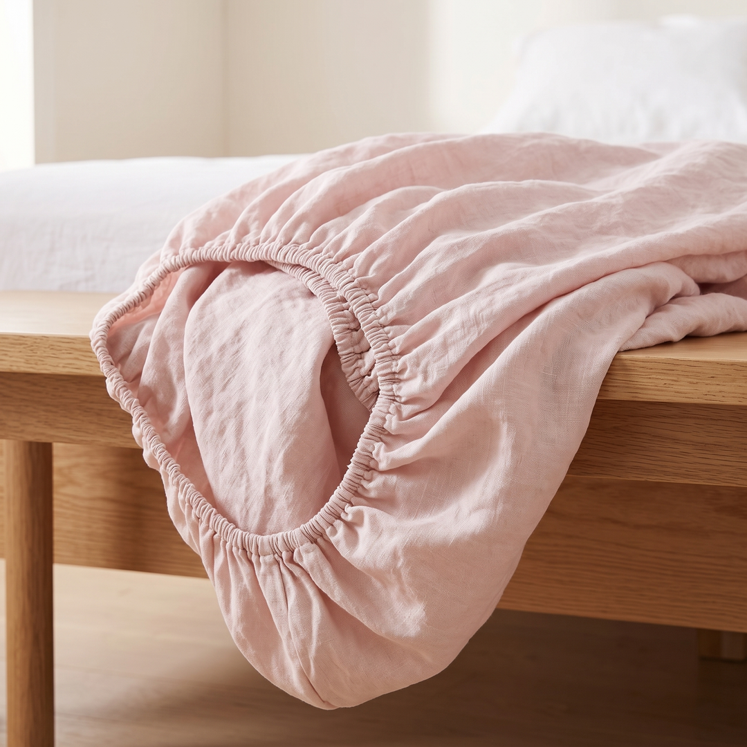 Linen Fitted Sheet – Deep Pocket in Light Pink – draped over a wooden bench edge, elastic opening facing out