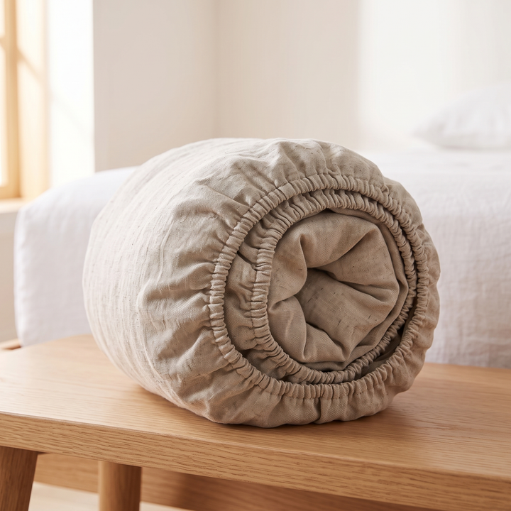 Linen Fitted Sheet – Deep Pocket in Oatmeal – rolled up on a wooden bench beside a made bed