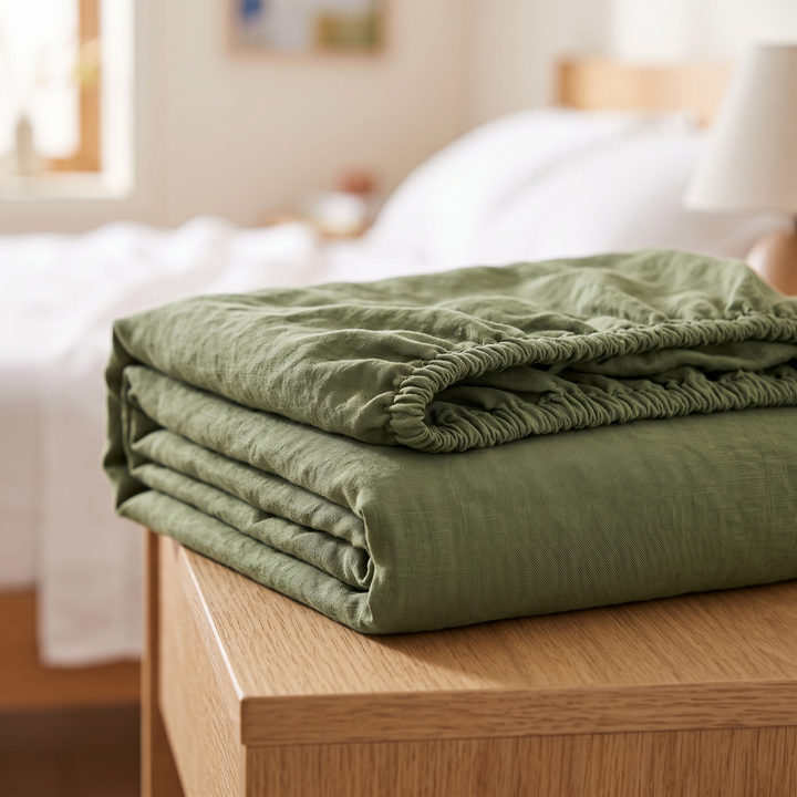 Linen Fitted Sheet – Deep Pocket in Olive Green – neatly folded on a bedside table beside a lamp