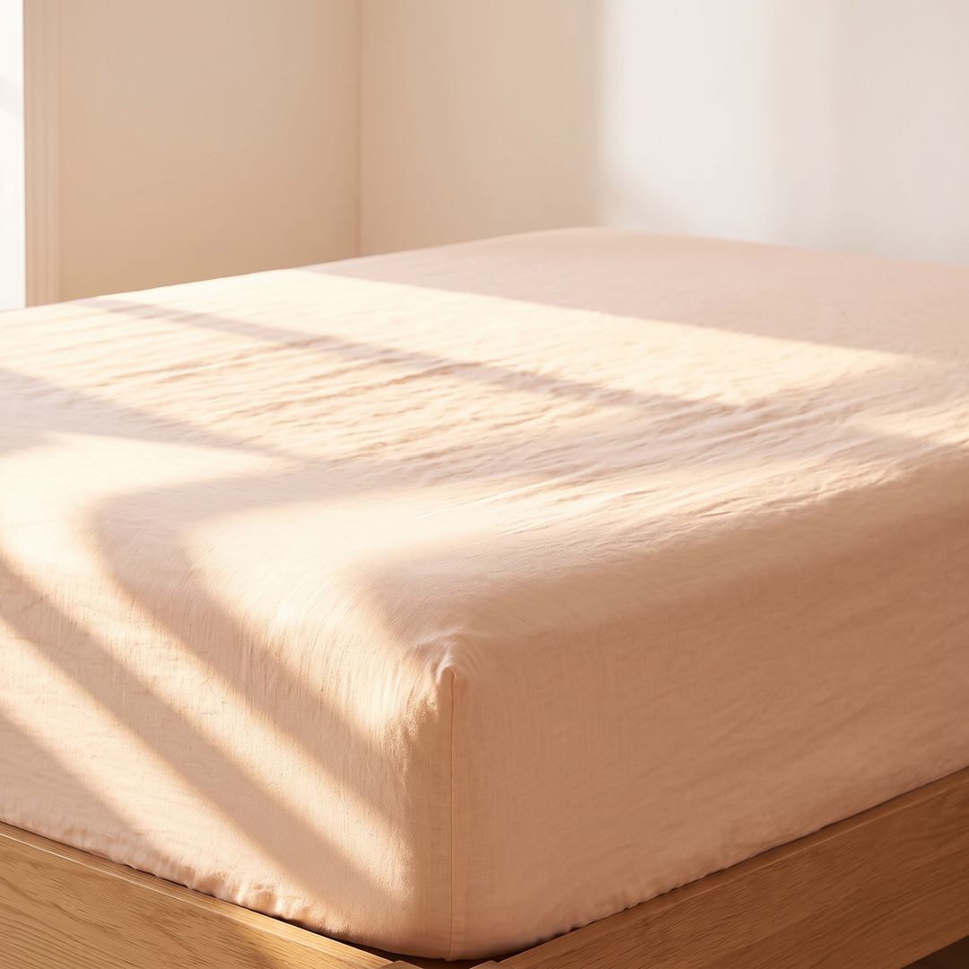 Linen Fitted Sheet – Deep Pocket in Peach – bed corner in golden sunlight against cream walls
